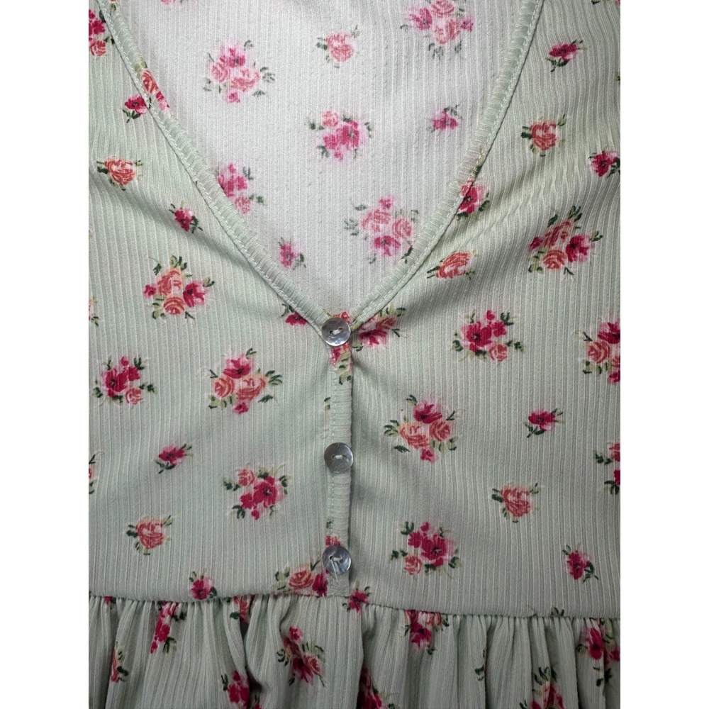 Jessica Simpson Women Floral Ribbed Babydoll Mini Dress Sage Green Pink Rose L - Picture 7 of 12